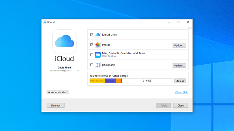 iCloud settings in Windows.